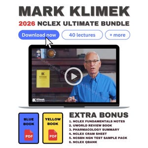May include: A digital educational bundle titled MARK KLIMEK 2026 NCLEX ULTIMATE BUNDLE featuring a video player with a person in a blue shirt, a Download now button, 40 lectures, and an EXTRA BONUS list including Blue and Yellow PDF books.