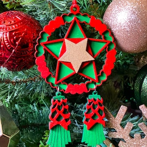 Filipino Parol Wood Ornament - Green, red & gold - 2022