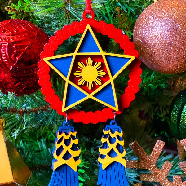 Filipino Parol Wood Ornament - Red, Blue & Yellow - 2022