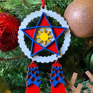 Filipino Parol Wood Ornament - White, Red & Blue - 2022