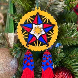 Filipino Parol Wood Ornament - Red, Blue & Yellow - 2024