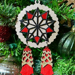 Filipino Parol Wood Ornament - Gold, Black & Red - 2023