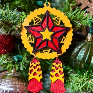 Filipino Parol Wood Ornament - Yellow, Black & Red -2023
