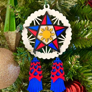 Filipino Parol Wood Ornament - White, blue & red —2024