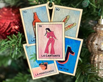 Loteria Wood Ornament - El Cantante, La Cuguama, El Elote, La Mariguana, El TikTok