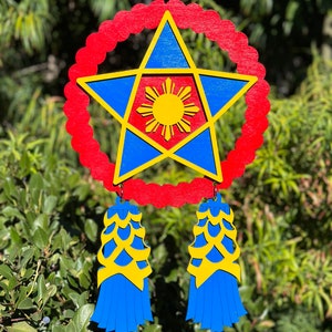 Large Wood Filipino Parol - Red,  blue & yellow