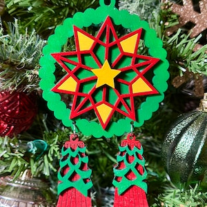 Filipino Parol Wood Ornament - Green, Red & Yellow with Star