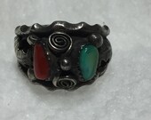 Lucy C Navajo Southwestern Native American Vintage Ring Silver coral turquoise Nugget Ring Applied Curved Feathers or Leaves