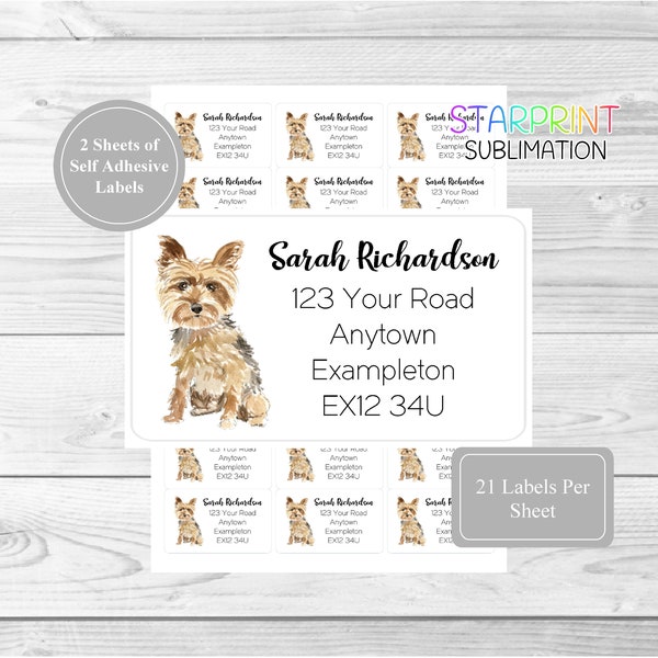 Yorkshire Terrier Dog Personalised Address Labels, 42 Custom Self Adhesive Yorkie Stickers - Set Includes 2 A4 Sticker Sheets (21 per sheet)