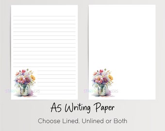 Vase of Flowers A5 Writing Paper, 10 Sheets with/without Envelopes, Lined/Unlined, Floral Note Paper, Penpal Stationery, Letter Set