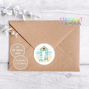 Pegatinas de cabañas de playa/costa, 48 etiquetas redondas (2 hojas A4, 24 por hoja), ideales para sellar sobres, regalos, productos artesanales y obsequios.