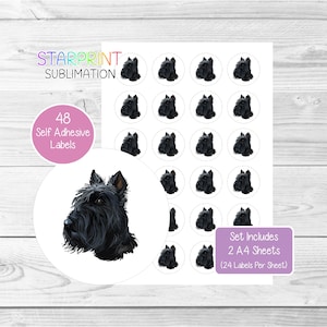 Pegatinas de perro Scottish Terrier, 48 etiquetas redondas (2 hojas A4, 24 por hoja), ideales para sellar sobres, bolsas de fiesta, regalos, tarjetas y obsequios.