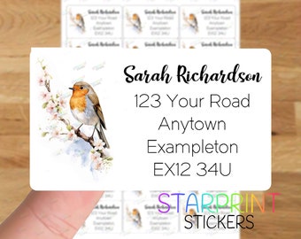 Robin Bird Personalised Address Labels, 21 Custom Self Adhesive Stickers - A4 Sticker Sheet (21 labels per sheet) Watercolour Present
