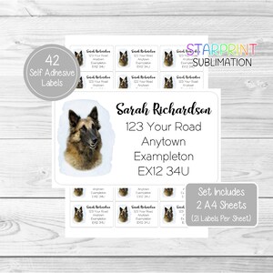 Belgian Shepherd Dog (Tervuren) Personalised Address Labels, 42 Self Adhesive Stickers - Set Includes 2 A4 Sticker Sheets (21 per sheet)
