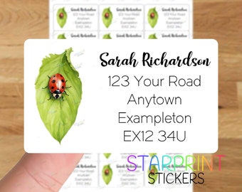 Lady Bird Personalised Address Labels, 21 Custom Self Adhesive Stickers - A4 Sticker Sheet (21 labels per sheet) Watercolour Present Bug