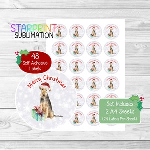 Pegatinas/Sellos navideños para sobres de Airedale Terrier, 48 etiquetas adhesivas redondas (2 hojas A4, 24 por hoja), para bolsas de fiesta, tarjetas y regalos