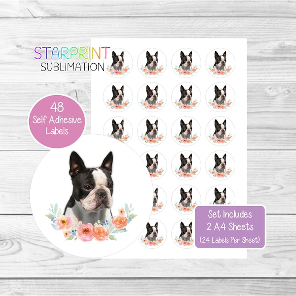 Boston Terrier Dog Stickers, 48 Round Labels (2 A4 Sheets, 24 Per Sheet), Great For Envelope Seals/Party Bags/Favors/Cards/Gifts (No.2)