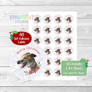 Pegatinas navideñas de galgo, 48 etiquetas redondas (2 hojas A4, 24 por hoja), perro. Ideales para sellar sobres, bolsas de fiesta, recuerdos, tarjetas y regalos.