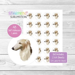 Pegatinas de perro Borzoi, 48 etiquetas redondas (2 hojas A4, 24 por hoja), ideales para sellar sobres, bolsas de fiesta, recuerdos, tarjetas y regalos (n.° 3)
