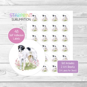 Pegatinas de perro Borzoi, 48 etiquetas redondas (2 hojas A4, 24 por hoja), ideales para sellar sobres, bolsas de fiesta, recuerdos, tarjetas y regalos.