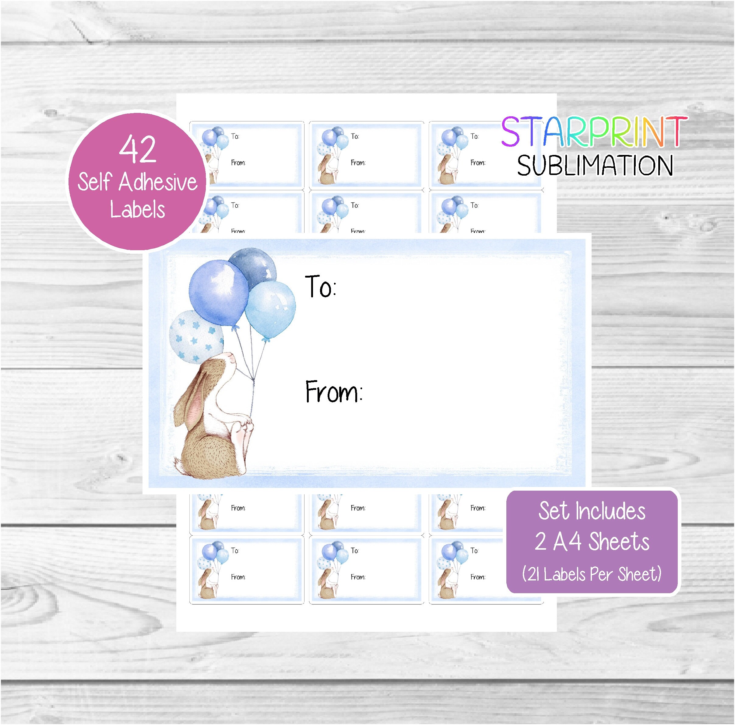 Bunny Rabbit Gift Labels (Blue), 42 'To, From' Stickers (2 A4 Sheets), Fun Novelty Birthday Gift Tags/Childrens Party Bag/Favour Stickers