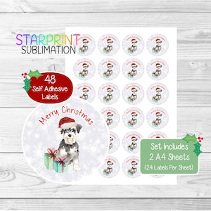 Pegatinas navideñas/sellos para sobres de Schnauzer miniatura, 48 etiquetas redondas (2 hojas A4, 24 por hoja) para bolsas de fiesta, tarjetas y regalos.