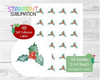 Christmas Holly Stickers/Envelope Seals, 48 Round Labels (2 A4 Sheets, 24 Per Sheet), Great For Cards/Gifts/Labelling Products Presents