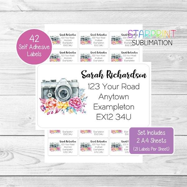 Camera/Photography Personalised Address Labels, 42 Custom Return Stickers - Lovely Set Includes 2 A4 Sheets (21 per sheet) Presents Present