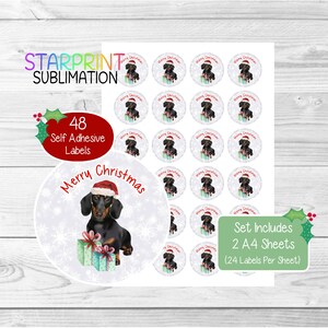 Pegatinas/sellos navideños de Dachshund (chocolate suave o canela), 48 etiquetas redondas (2 hojas A4), para bolsas de fiesta, tarjetas y regalos