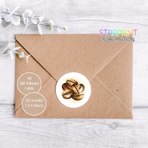 Coffee Beans Stickers, 48 Round Labels (2 A4 Sheets, 24 Per Sheet), Great For Envelope Seals/Homemade Products/Gifts Presents Present