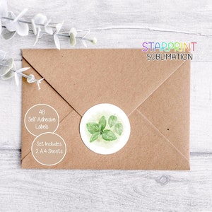 Pegatinas de hojas de menta, 48 etiquetas redondas (2 hojas A4, 24 por hoja), ideales para sellar sobres, regalos y productos hechos a mano.