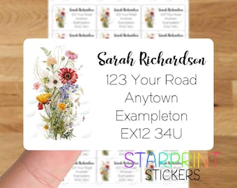 Wild Flowers Personalised Address Labels, 21 Custom Self Adhesive Stickers - A4 Sticker Sheet (21 labels per sheet) Watercolour Present