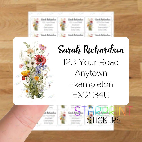 Wild Flowers Personalised Address Labels, 21 Custom Self Adhesive Stickers - A4 Sticker Sheet (21 labels per sheet) Watercolour Present