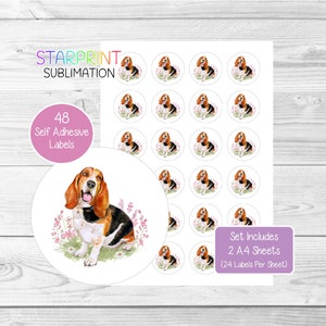 Pegatinas de Basset Hound, 48 etiquetas redondas (2 hojas A4, 24 por hoja), ideales para sellar sobres, bolsas de fiesta, recuerdos, tarjetas y regalos.