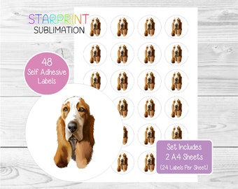 Pegatinas de Basset Hound, 48 etiquetas redondas (2 hojas A4, 24 por hoja), ideales para sellar sobres, bolsas de fiesta, recuerdos, tarjetas y regalos (n.° 3)