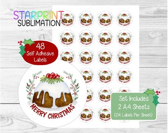 Christmas Pudding Stickers/Envelope Seals, 48 Round Labels (2 A4 Sheets, 24 Per Sheet), Great For Cards/Gifts/Labelling Products