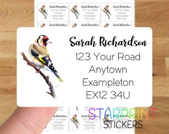 Goldfinch Bird Personalised Address Labels, 21 Custom Self Adhesive Stickers - A4 Sticker Sheet (21 labels per sheet) Watercolour Present