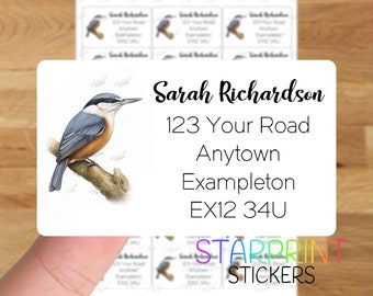 Nuthatch Bird Personalised Address Labels, 21 Custom Self Adhesive Stickers - A4 Sticker Sheet (21 labels per sheet) Watercolour Present
