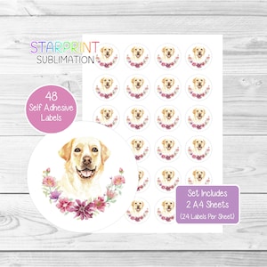 Labrador retrieverstickers (geel), 48 ronde labels (2 A4-vellen, 24 per vel), ideaal voor enveloppen/feestzakjes/gunsten/kaarten/cadeaus