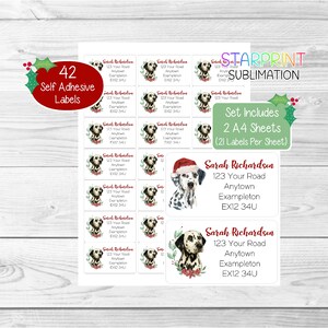 Dalmatische hond Gepersonaliseerde kerstretouradresetiketten, 42 zelfklevende stickers (2 A4-stickervellen, 21 per vel) - keuze uit ontwerpen