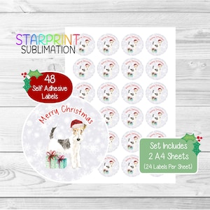 Pegatinas navideñas/sellos para sobres de Fox Terrier de pelo duro, 48 etiquetas redondas (2 hojas A4, 24 por hoja) para bolsas de fiesta, tarjetas y regalos.