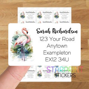 Flamingo Personalised Address Labels, 21 Custom Self Adhesive Stickers - A4 Sticker Sheet (21 labels per sheet) Tropical Bird Watercolour