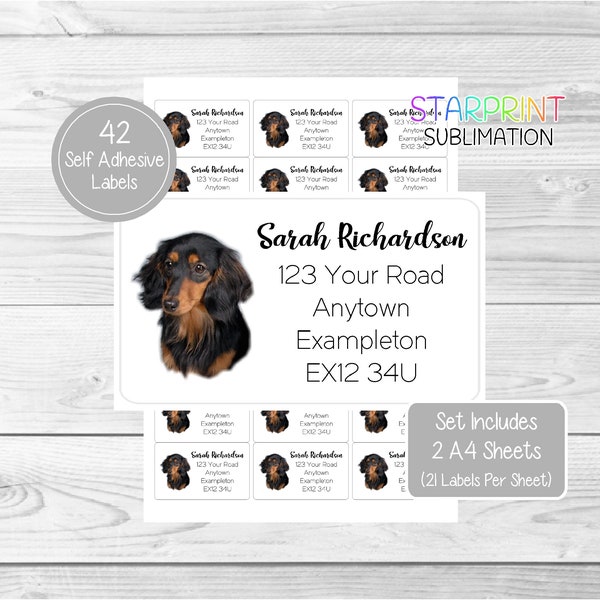 Dachshund (Long Haired Black & Tan) Dog Personalised Return Address Labels, 42 Custom Self Adhesive Stickers (2 A4 Sheets, 21 per sheet)