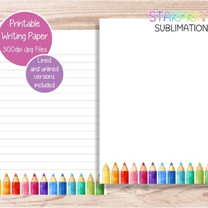 Lápices de colores, papel para escribir imprimible, papel para notas de descarga digital, papel de descarga instantánea tamaño A5 o carta de EE. UU., juego de papelería descargable