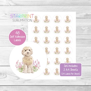 May include: A set of 48 self-adhesive labels featuring a watercolor illustration of a cream-colored dog with pink flowers. The text "STARPRINT SUBLIMATION" and "Set Includes 2 A4 Sheets (24 Labels Per Sheet)" is printed on the sheet.