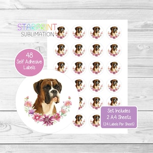 Pegatinas para perro bóxer atigrado, 48 etiquetas redondas (2 hojas A4, 24 por hoja), ideales para sellar sobres, bolsas de fiesta, recuerdos, tarjetas y regalos.