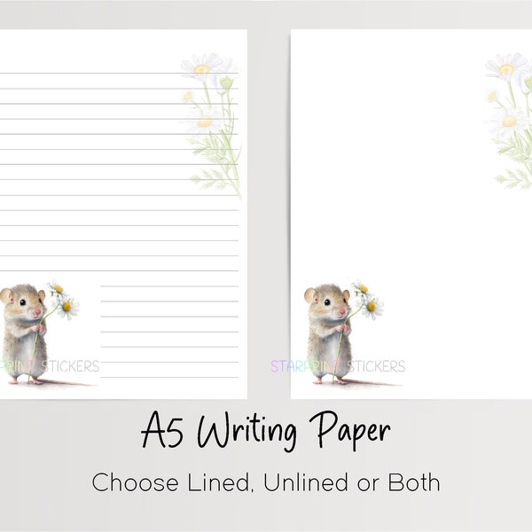 Mouse A5 Writing Paper, 10 Sheets with/without Envelopes, Lined/Unlined, Woodland Animal Note Paper, Penpal Stationery/Letter Writing Set