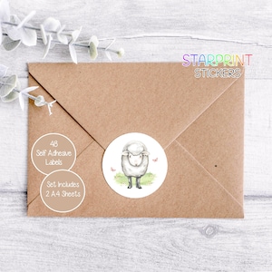 Schaf Aufkleber, 48 runde Etiketten (2 A4 Bögen, 24 pro Bögen), ideal für Briefumschläge/Produkte/Gastgeschenke (Design-Nr.2)