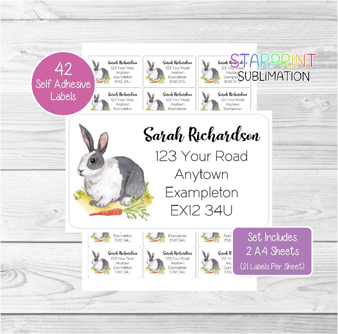 Rabbit Address Labels, 42 Custom Return Stickers, Set Includes 2 A4 ...