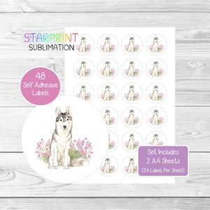 Pegatinas de perro husky siberiano, 48 etiquetas redondas (2 hojas A4, 24 por hoja), ideales para sellar sobres, bolsas de fiesta, recuerdos, tarjetas y regalos.
